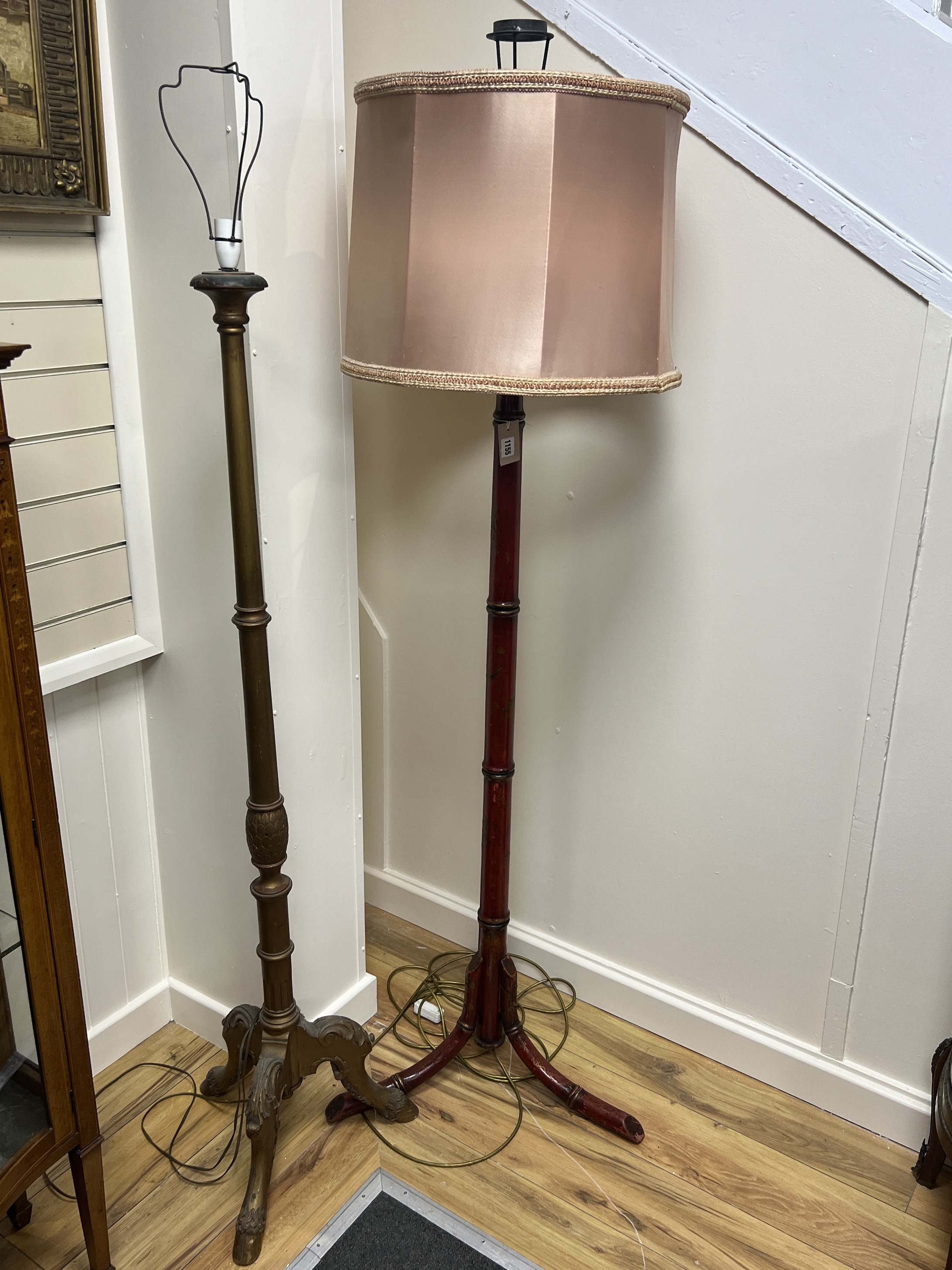 A chinoiserie lacquer faux bamboo lamp standard together with a giltwood standard lamp